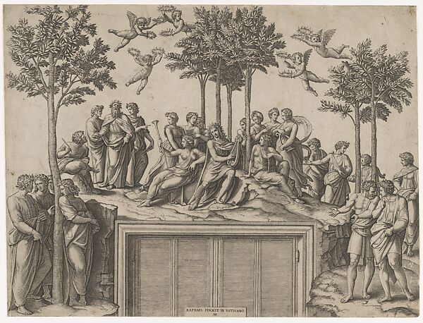 Apollo sitting on Parnassus surrounded by the muses and famous poets