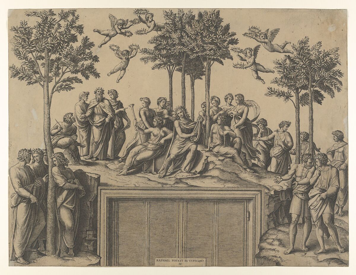 Apollo sitting on Parnassus surrounded by the muses and famous poets, Marcantonio Raimondi (Italian, Argini (?) ca. 1480–before 1534 Bologna (?)), Engraving; second state of five 