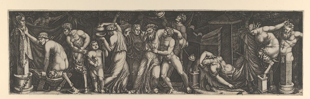 A Bacchanal, Silenus supported by two bacchants in the centre, at right a female satyr reclining on a bed and another pulling the horns on a statue of Priapus, various other figures fill the composition, Marcantonio Raimondi (Italian, Argini (?) ca. 1480–before 1534 Bologna (?)), Engraving 