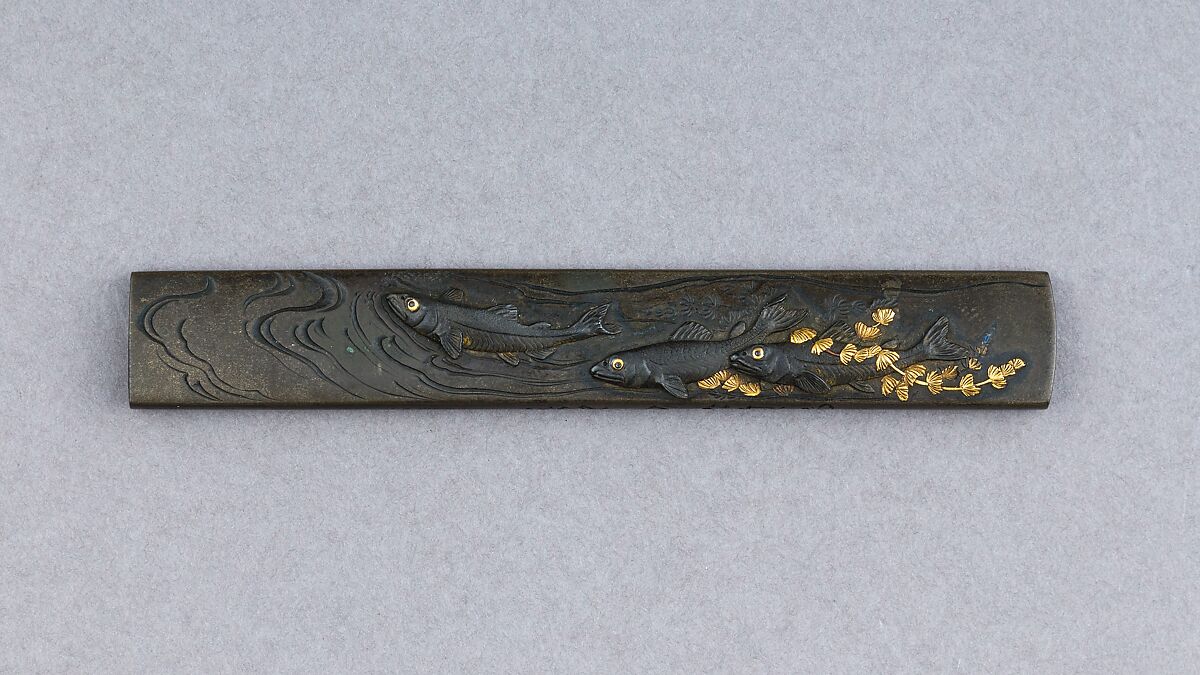 Knife Handle (Kozuka), Copper-silver alloy (shibuichi), gold, Japanese 