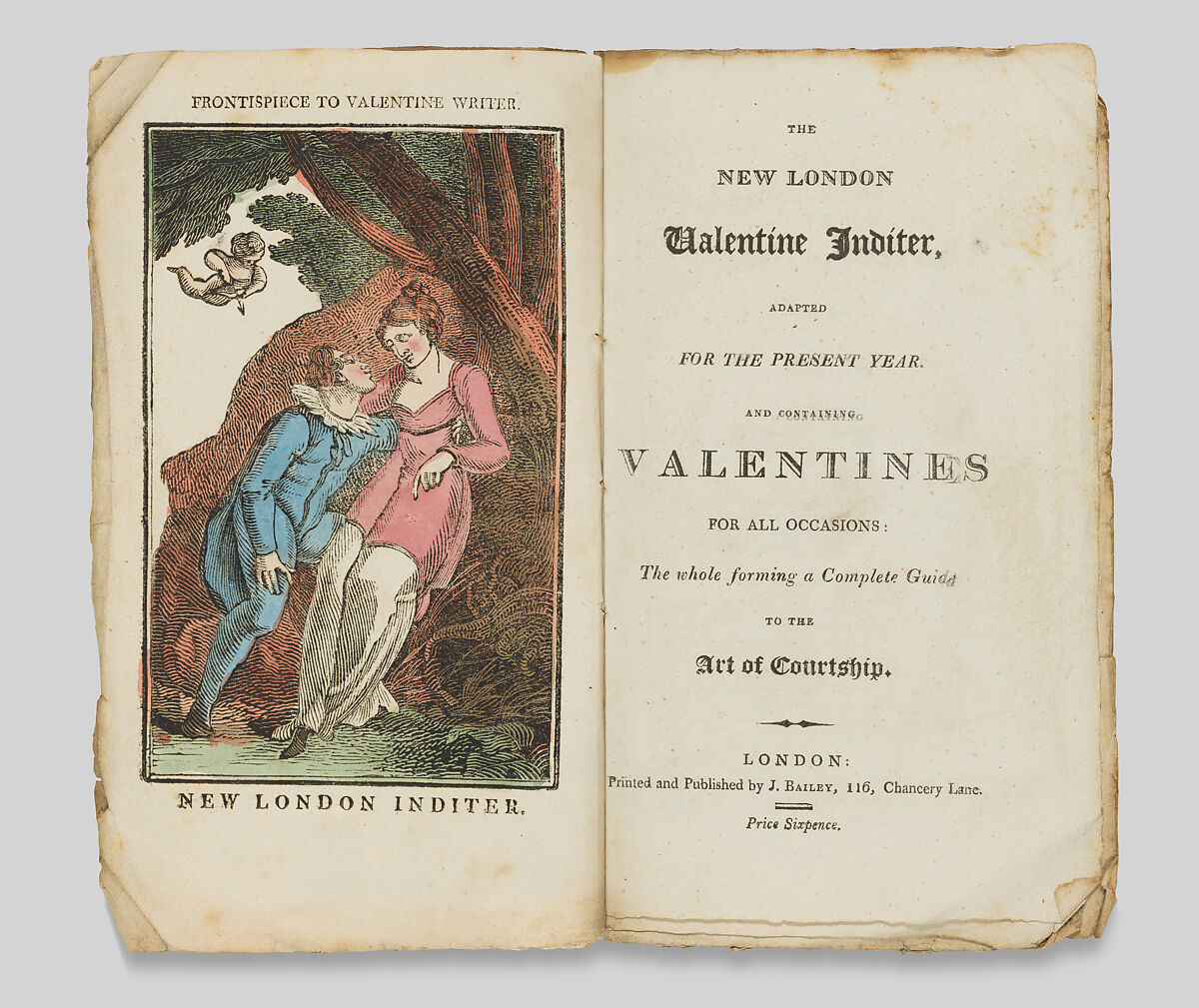 The New London Valentine Inditer Adapted for the Present Year, and Containing Valentines for All Occasions, Printed and published by J. Bailey (London), Illustrations: wood engraving, hand-colored 