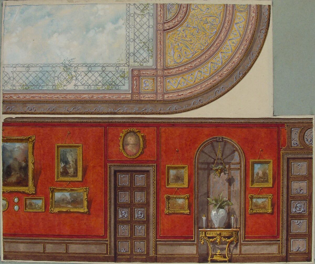 Design for Gallery Elevation and Ceiling, Hôtel Cottier, Jules-Edmond-Charles Lachaise (French, died 1897), Watercolor and gilt