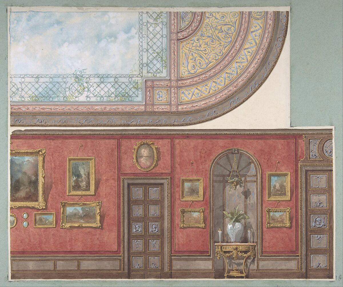 Design for Gallery Elevation and Ceiling, Hôtel Cottier, Jules-Edmond-Charles Lachaise (French, died 1897), Watercolor and gilt 