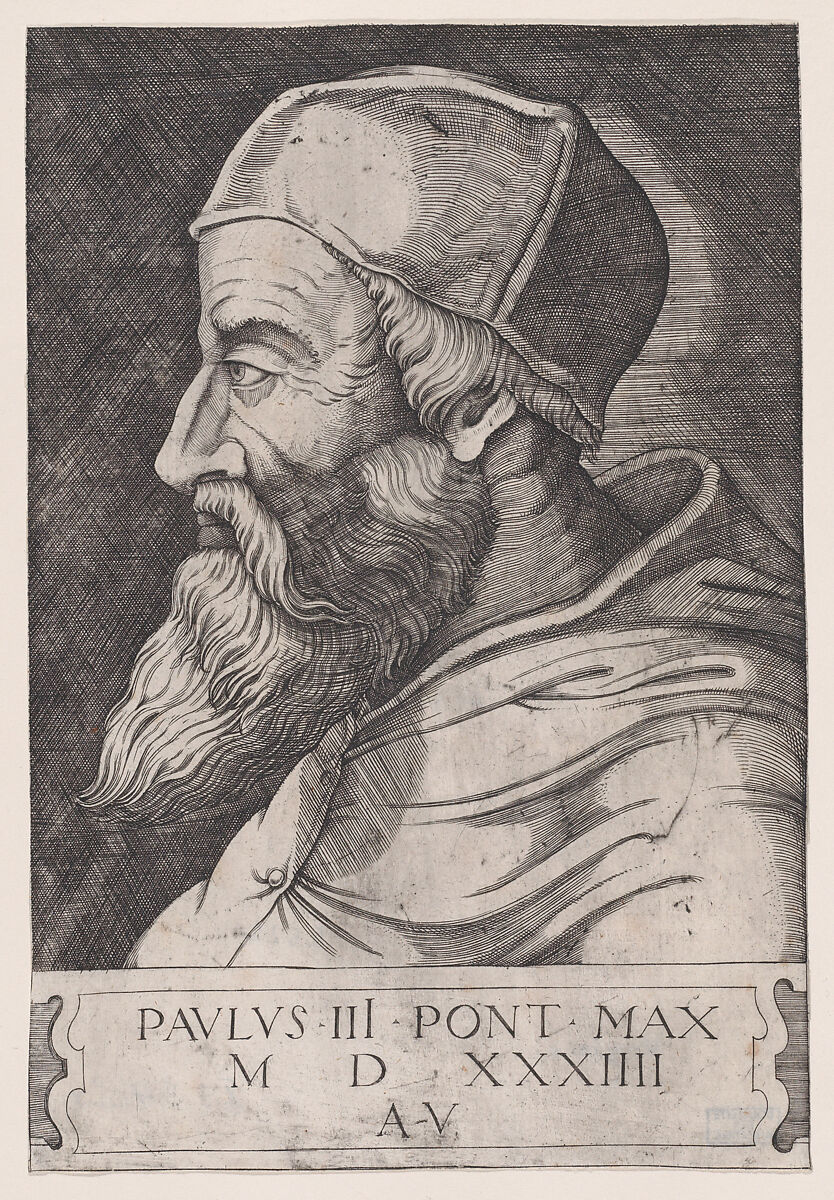 Pope Paul III in a Skullcap, Agostino Veneziano (Agostino dei Musi) (Italian, Venice ca. 1490–after 1536 Rome), Engraving 