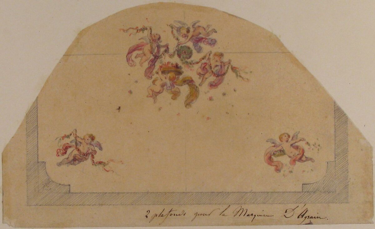 Design for Ceiling with Cherubs, Jules-Edmond-Charles Lachaise (French, died 1897), Graphite, watercolor, and gouache