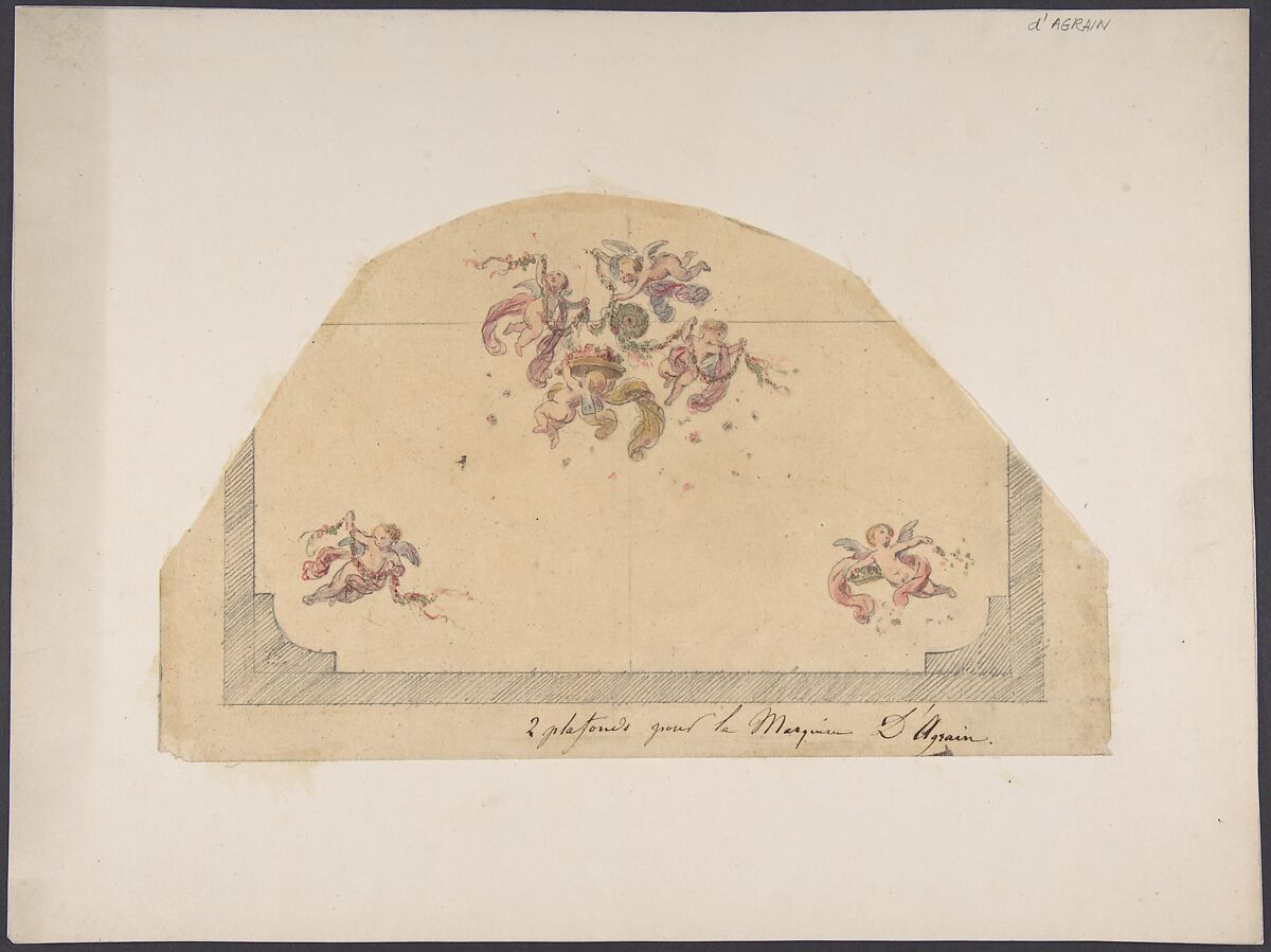 Design for Ceiling with Cherubs, Jules-Edmond-Charles Lachaise (French, died 1897), Graphite, watercolor, and gouache 