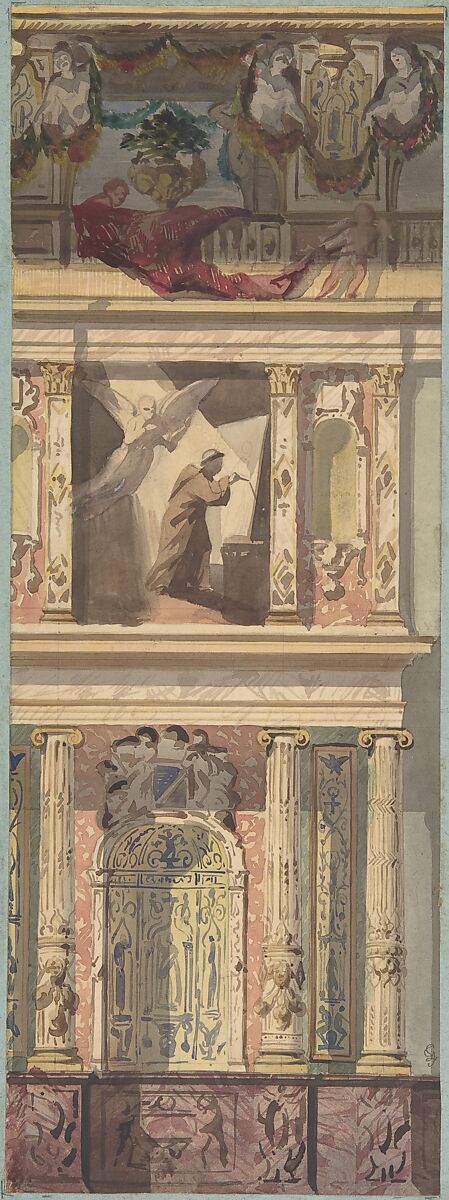 Design for a Bay of a Side Wall, Château de Béhourt, Jules-Edmond-Charles Lachaise (French, died 1897), Watercolor 