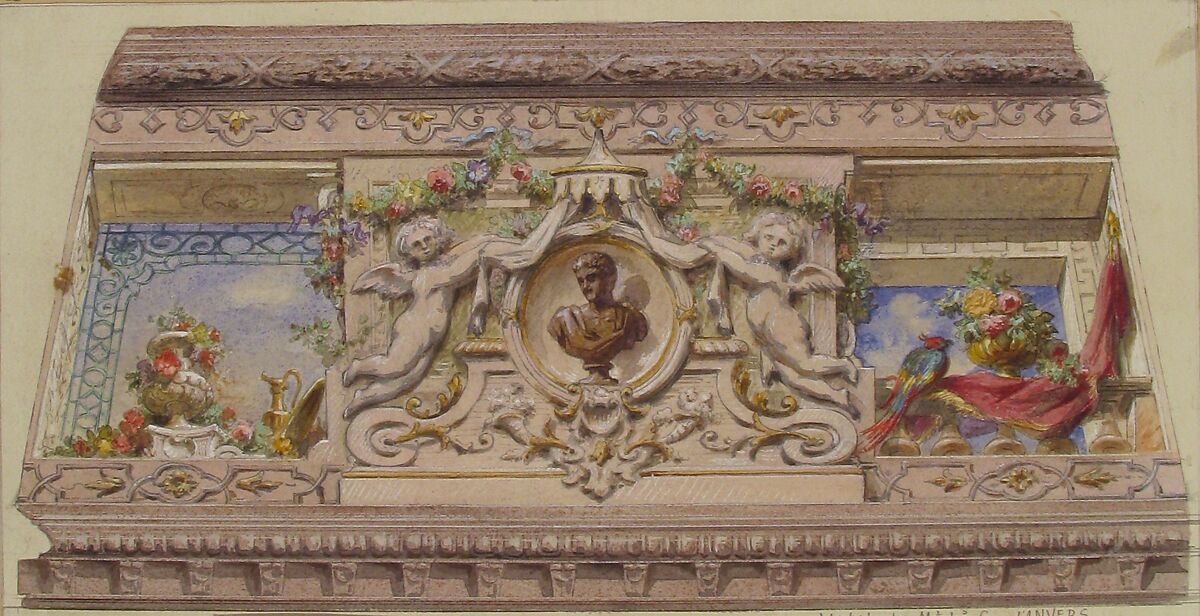 Design for Cove, Hôtel Cahen d'Anvers, Jules-Edmond-Charles Lachaise (French, died 1897), Pen and black and brown ink, watercolor