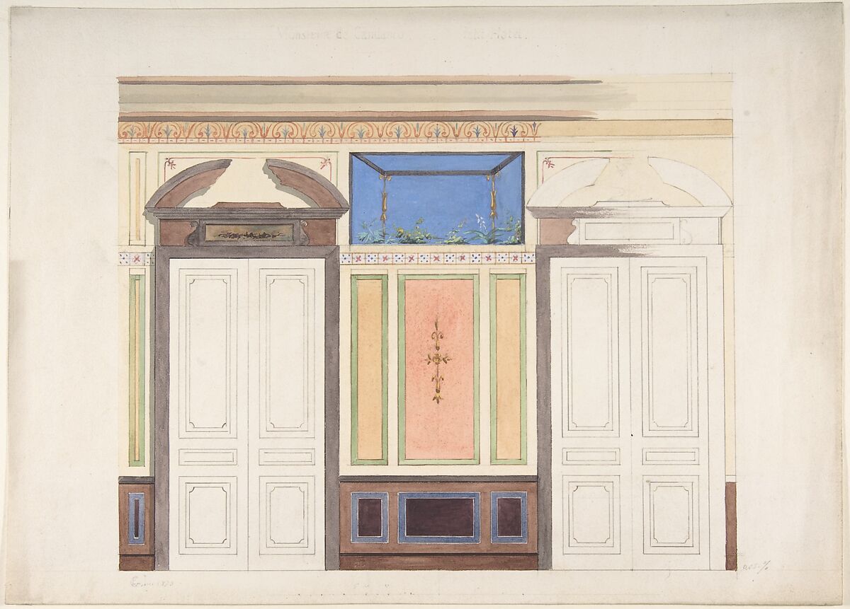 Design for Wall Elevation, Hôtel Candamo, Jules-Edmond-Charles Lachaise (French, died 1897), Pen and black ink, watercolor 