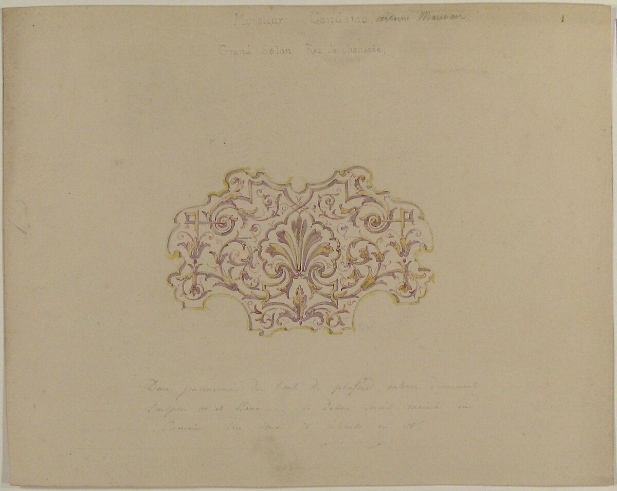 Design for Grand Salon, Ground Floor, Hôtel Candamo, Jules-Edmond-Charles Lachaise (French, died 1897), Pen and black ink, watercolor