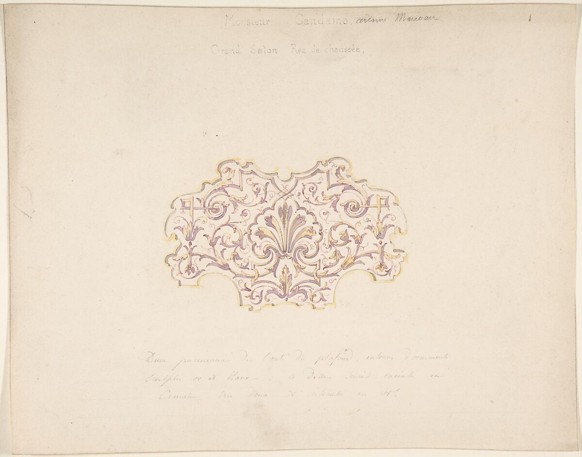 Design for Grand Salon, Ground Floor, Hôtel Candamo, Jules-Edmond-Charles Lachaise (French, died 1897), Pen and black ink, watercolor 