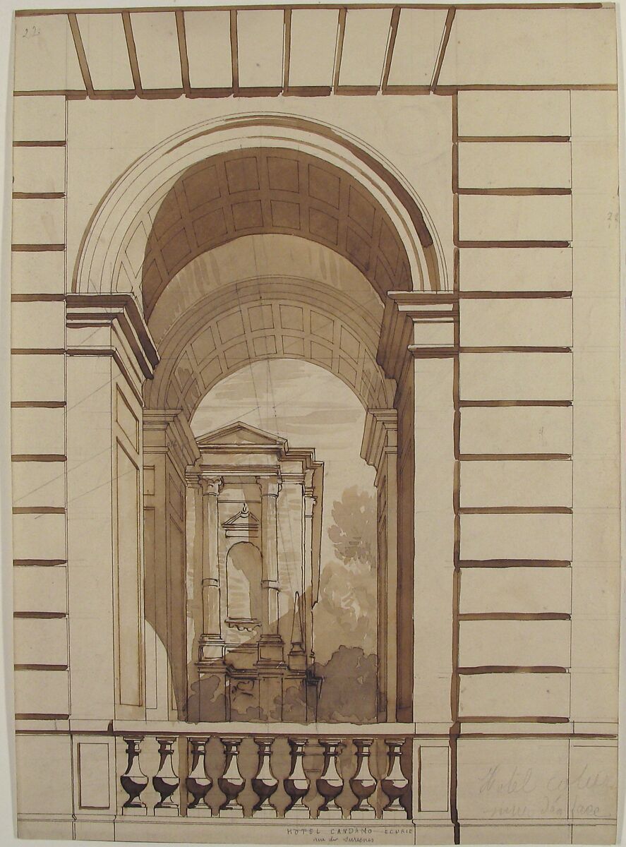 Design for Stable Arches, Hôtel Candamo, Jules-Edmond-Charles Lachaise (French, died 1897), Pen and black ink, watercolor