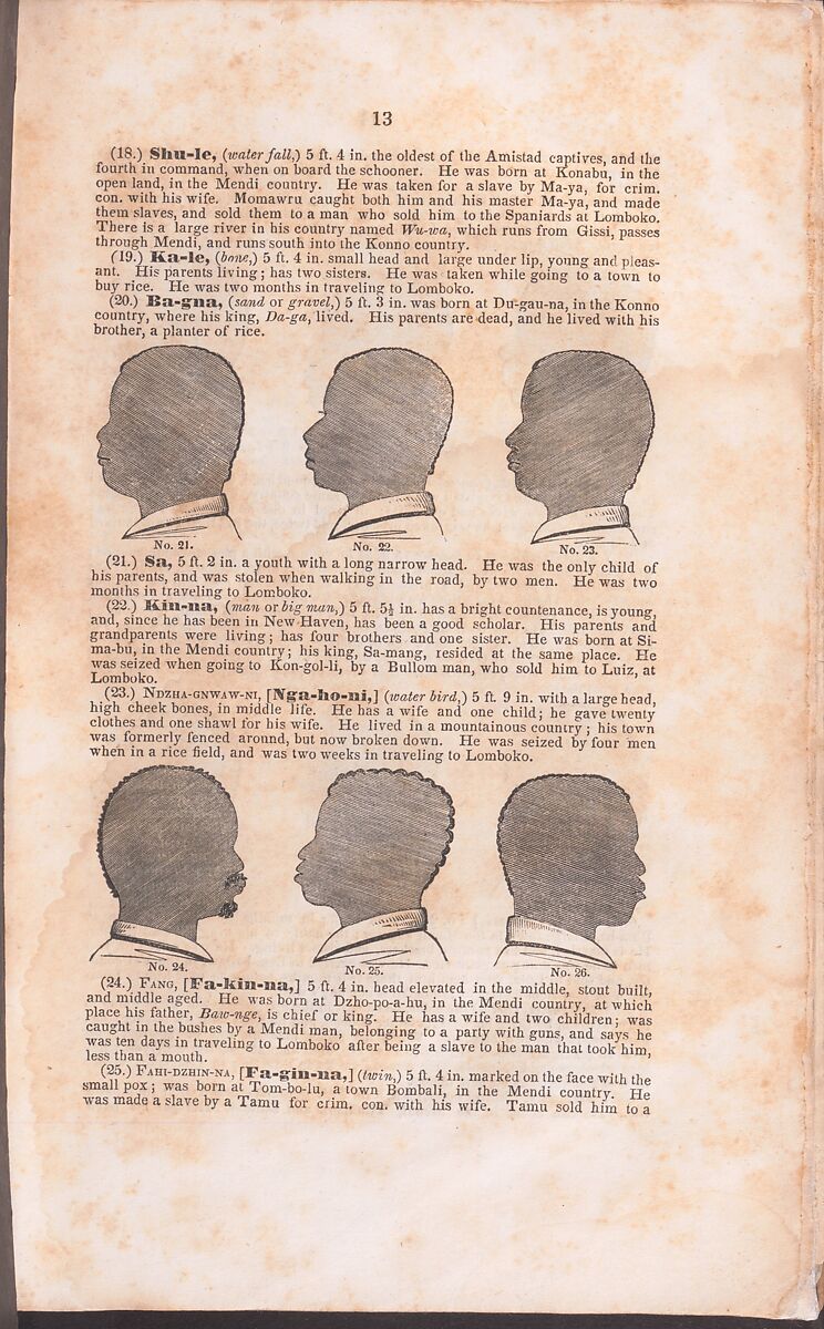 A History of the Amistad Captives: Being a Circumstantial Account of the Capture of the Spanish Schooner Amistad, by the Africans on Board; Their Voyage, and Capture near Long Island, New York; with Biographical Sketches of Each of the Surviving Africans., John Warner Barber (American, Windsor, Connecticut 1798–1885 New Haven, Connecticut), Illustrations: wood engraving with hand-coloring and letterpress