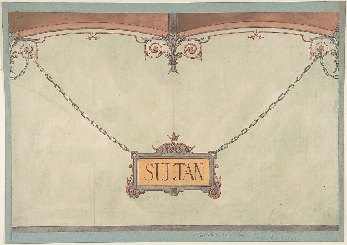 Design for Decorated "Sultan" Plaque for Stable Wall, Hôtel Candamo, Jules-Edmond-Charles Lachaise (French, died 1897), Pen and black ink, watercolor 