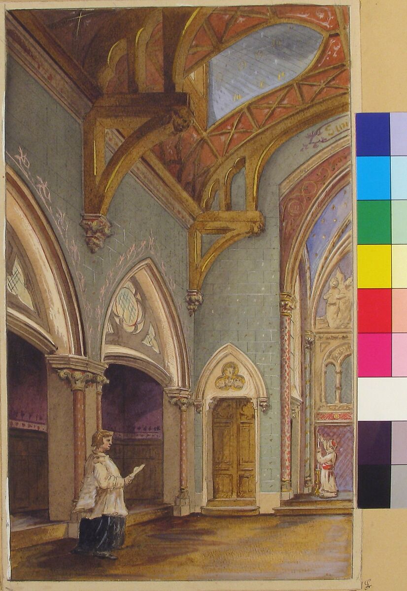View of Interior with Figures, Saint Clotilde, Jules-Edmond-Charles Lachaise (French, died 1897), Graphite, pen and black ink, watercolor, gouache, and gilt