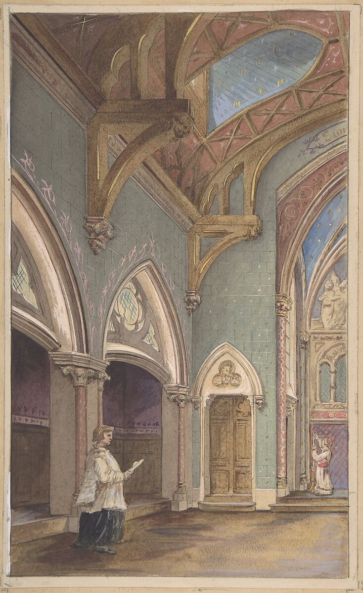 View of Interior with Figures, Saint Clotilde, Jules-Edmond-Charles Lachaise (French, died 1897), Graphite, pen and black ink, watercolor, gouache, and gilt 