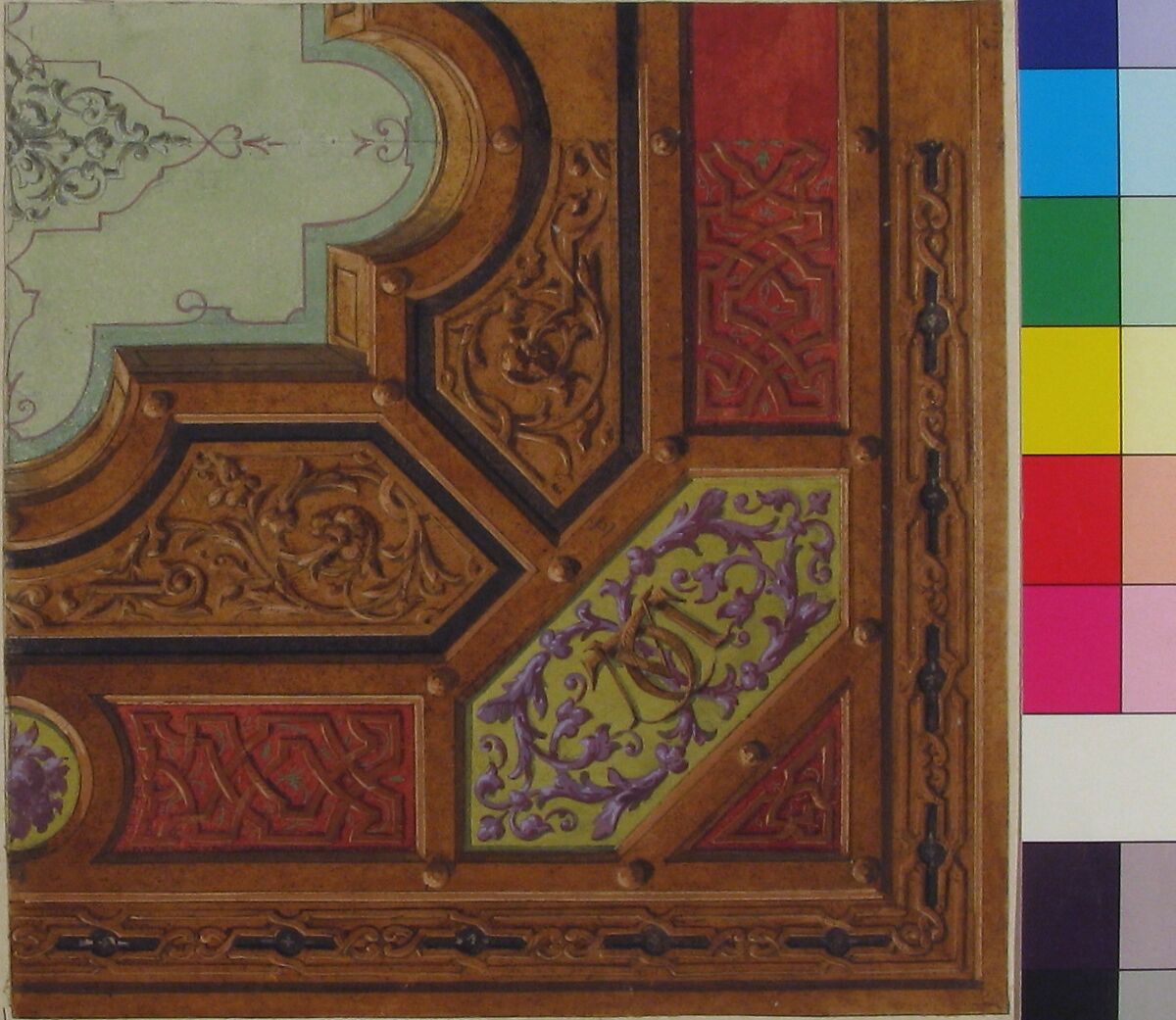 Design for Dining Room Ceiling, Château de Cangé, Jules-Edmond-Charles Lachaise (French, died 1897), Pen and black ink, watercolor, gouache