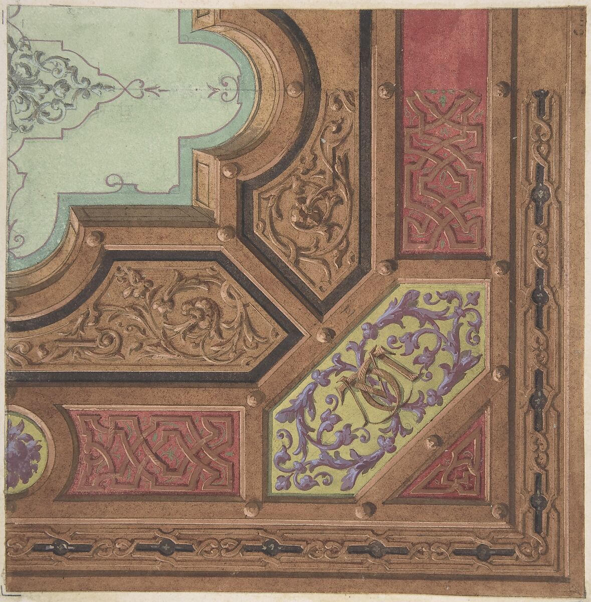 Design for Dining Room Ceiling, Château de Cangé, Jules-Edmond-Charles Lachaise (French, died 1897), Pen and black ink, watercolor, gouache 