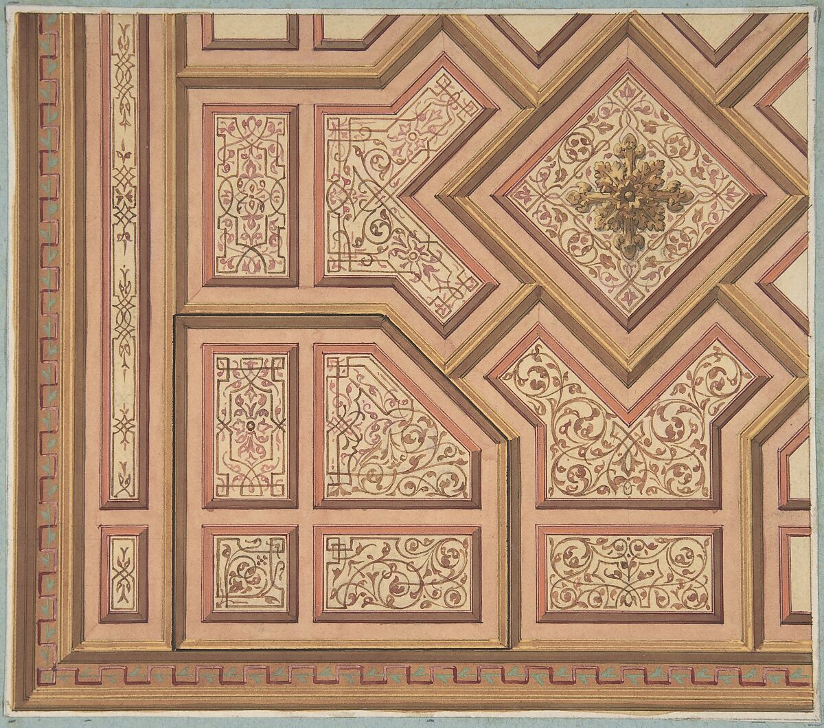 Design for Ceiling, Château de Cangé, Jules-Edmond-Charles Lachaise (French, died 1897), Pen and black ink, watercolor, gouache 