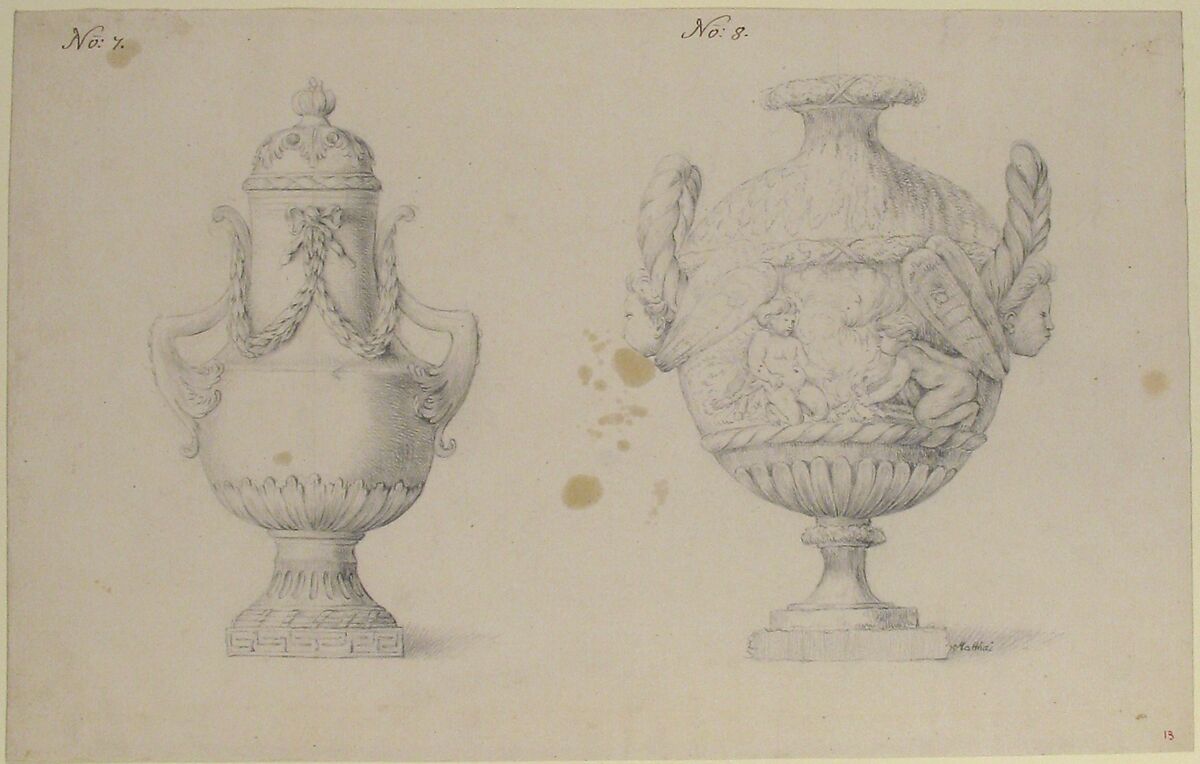 Design for Two Urns, Anonymous, French, 18th century, Pen and brown ink, graphite