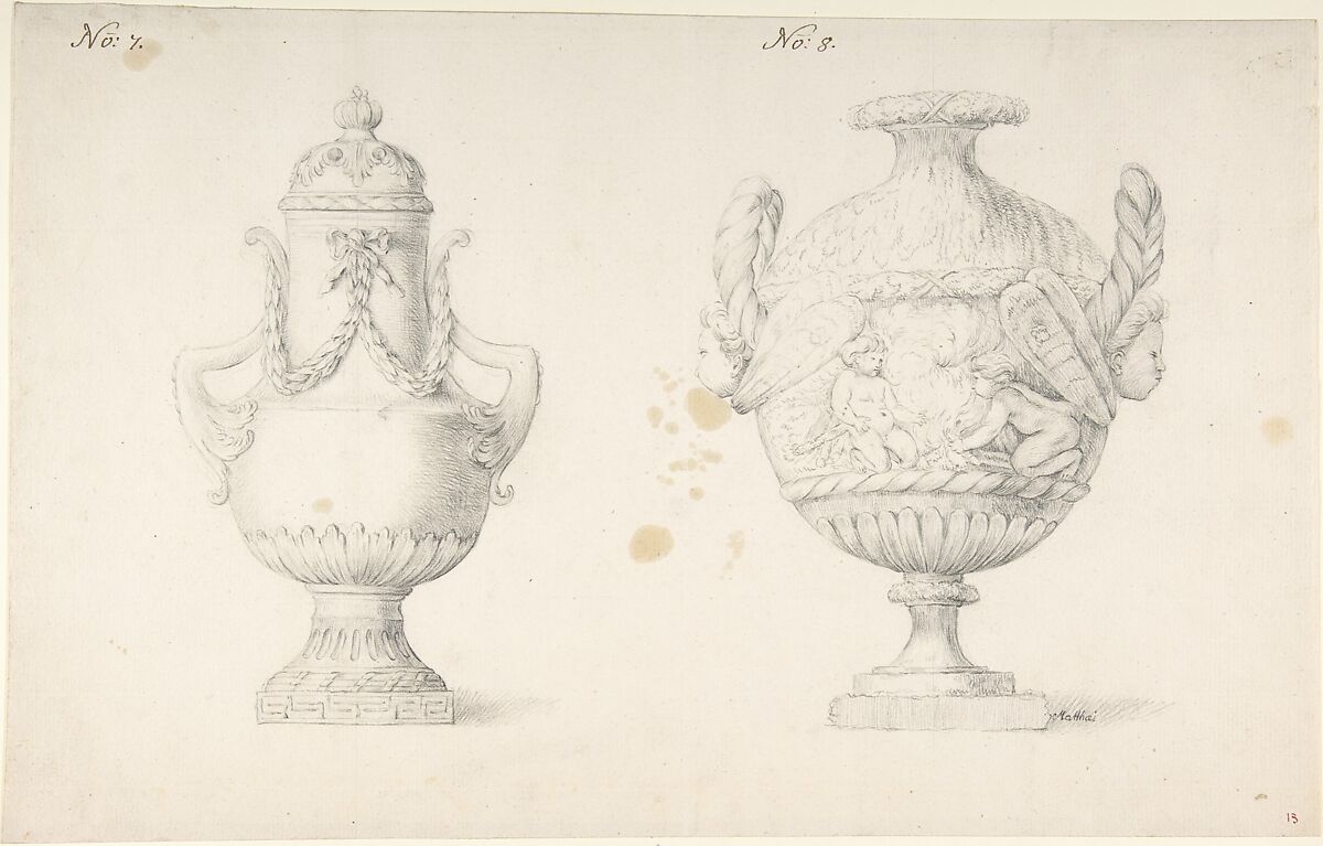Design for Two Urns, Anonymous, French, 18th century, Pen and brown ink, graphite 