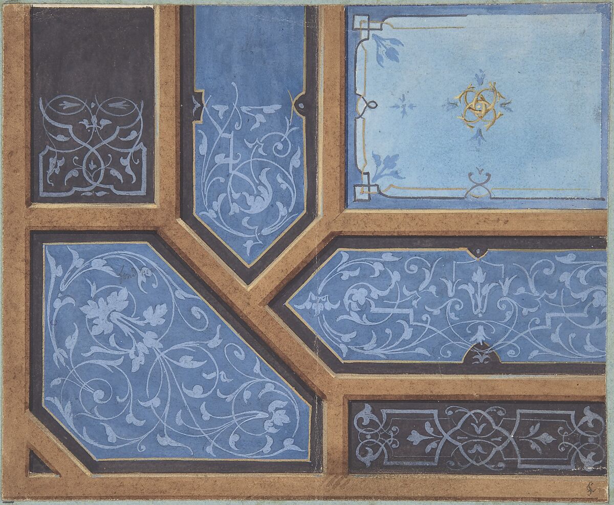 Design for Dining Room Ceiling, Château de Cangé, Jules-Edmond-Charles Lachaise (French, died 1897), Pen and black ink, watercolor, gouache 