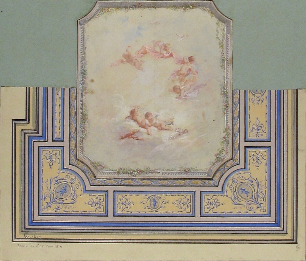 Design for Ceiling with Putti, Hôtel of Doctor Cranchi, Jules-Edmond-Charles Lachaise (French, died 1897), Watercolor and gouache