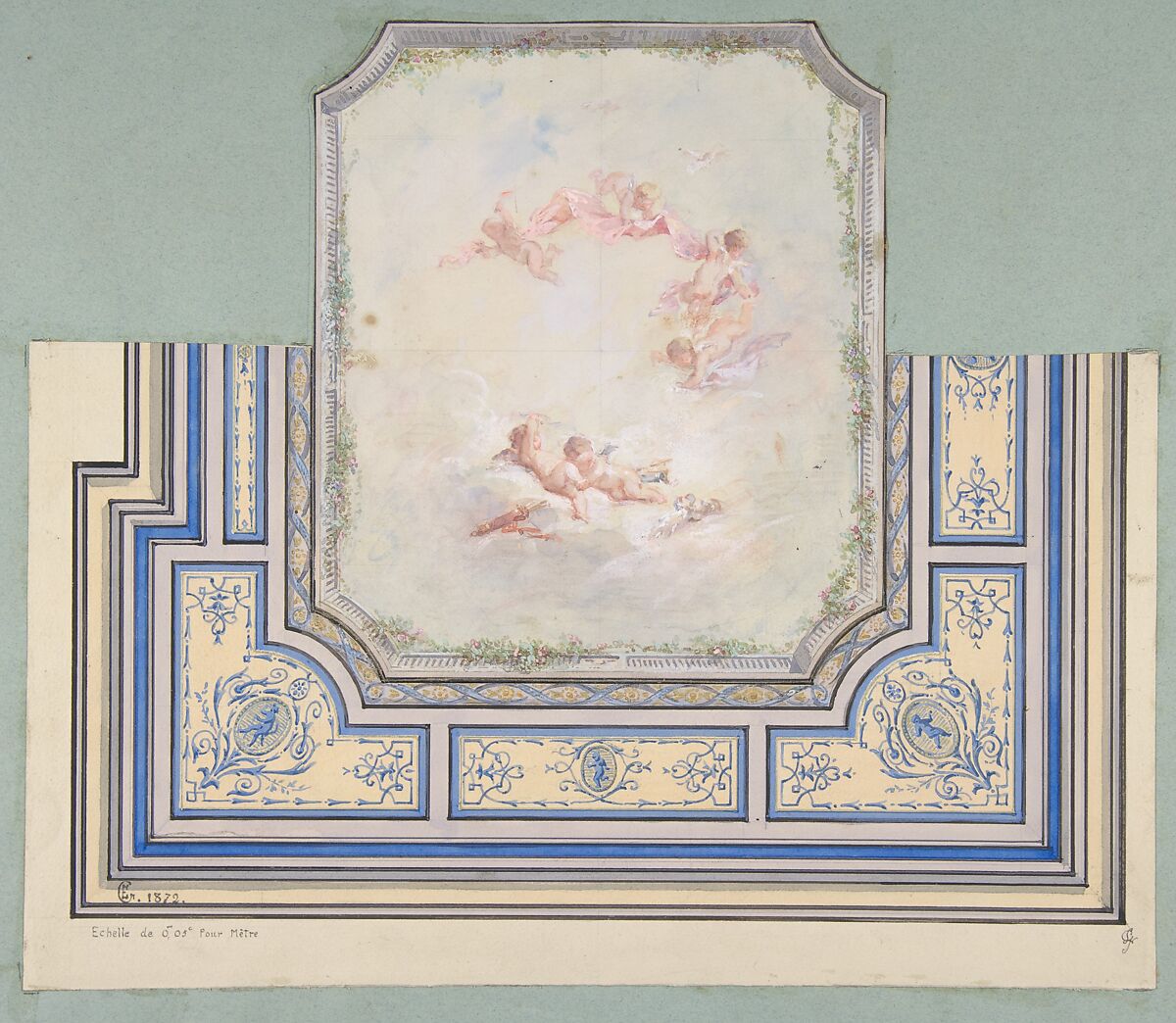 Design for Ceiling with Putti, Hôtel of Doctor Cranchi, Jules-Edmond-Charles Lachaise (French, died 1897), Watercolor and gouache 