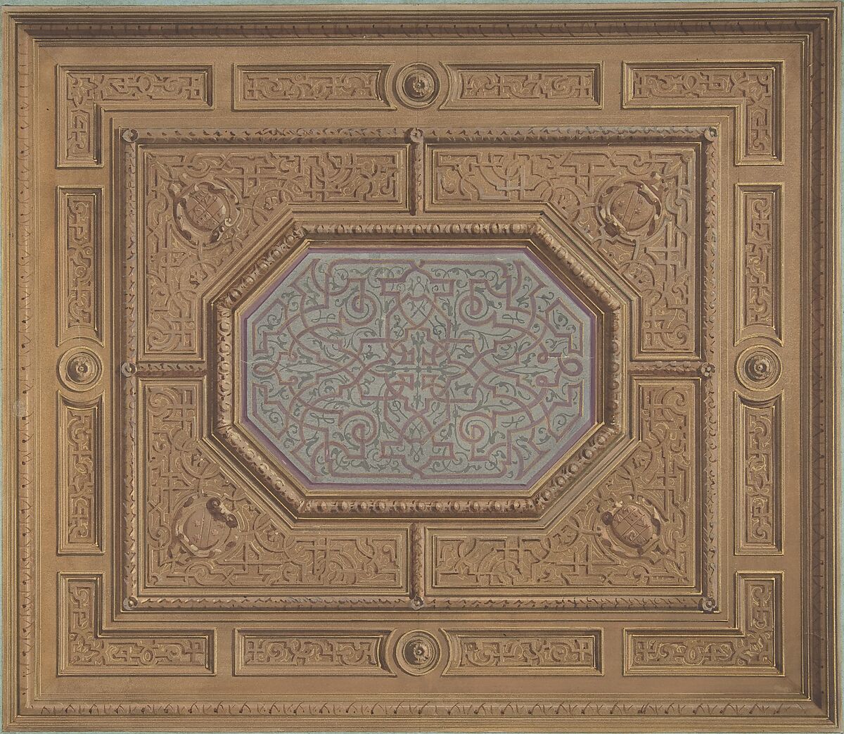 Design for Dining Room Ceiling, Neudeck, Jules-Edmond-Charles Lachaise (French, died 1897), Pen and brown ink, watercolor, gouache, and gilt 