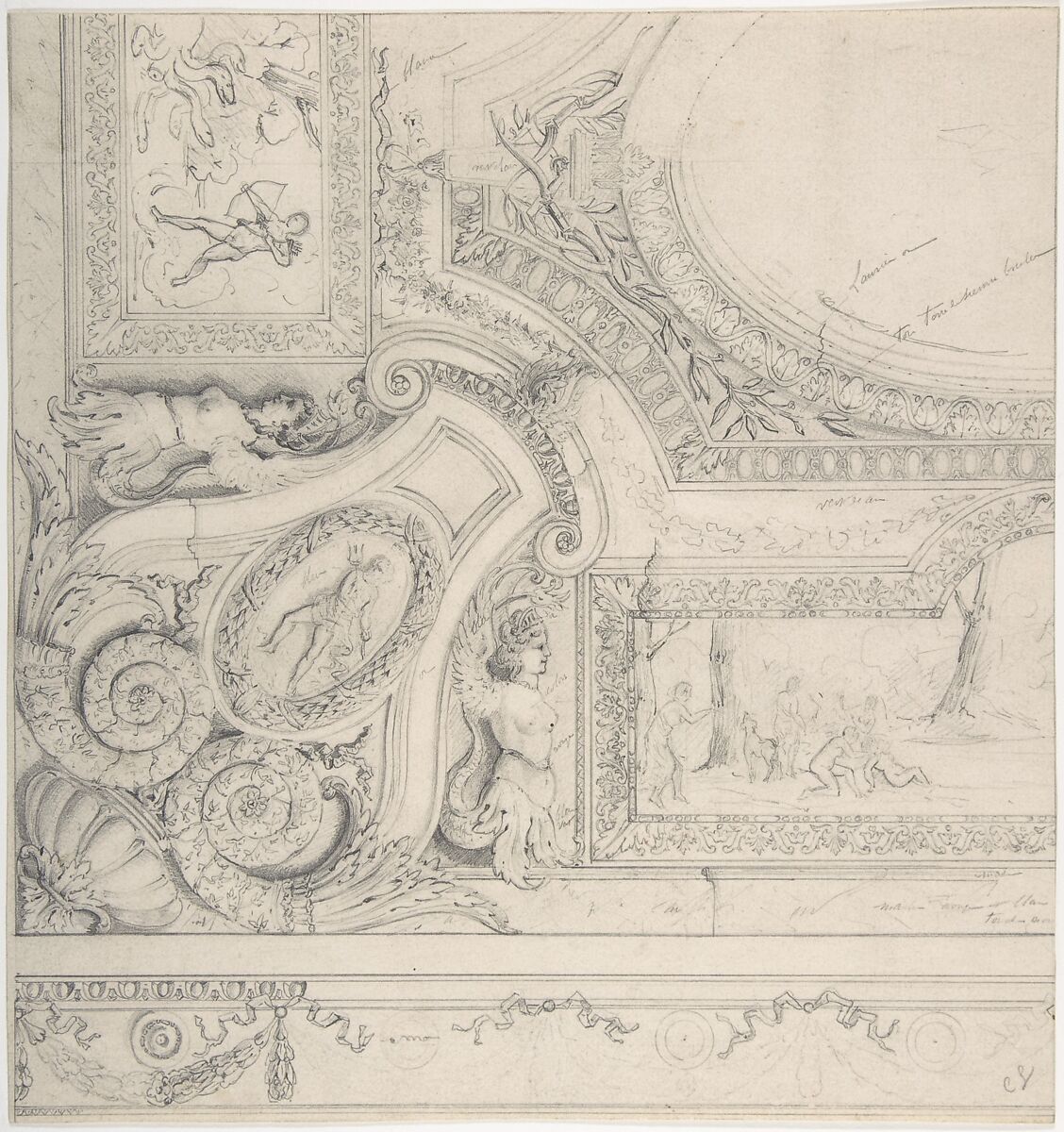 Design for Ceiling at Fontainebleau, Jules-Edmond-Charles Lachaise (French, died 1897), Graphite 