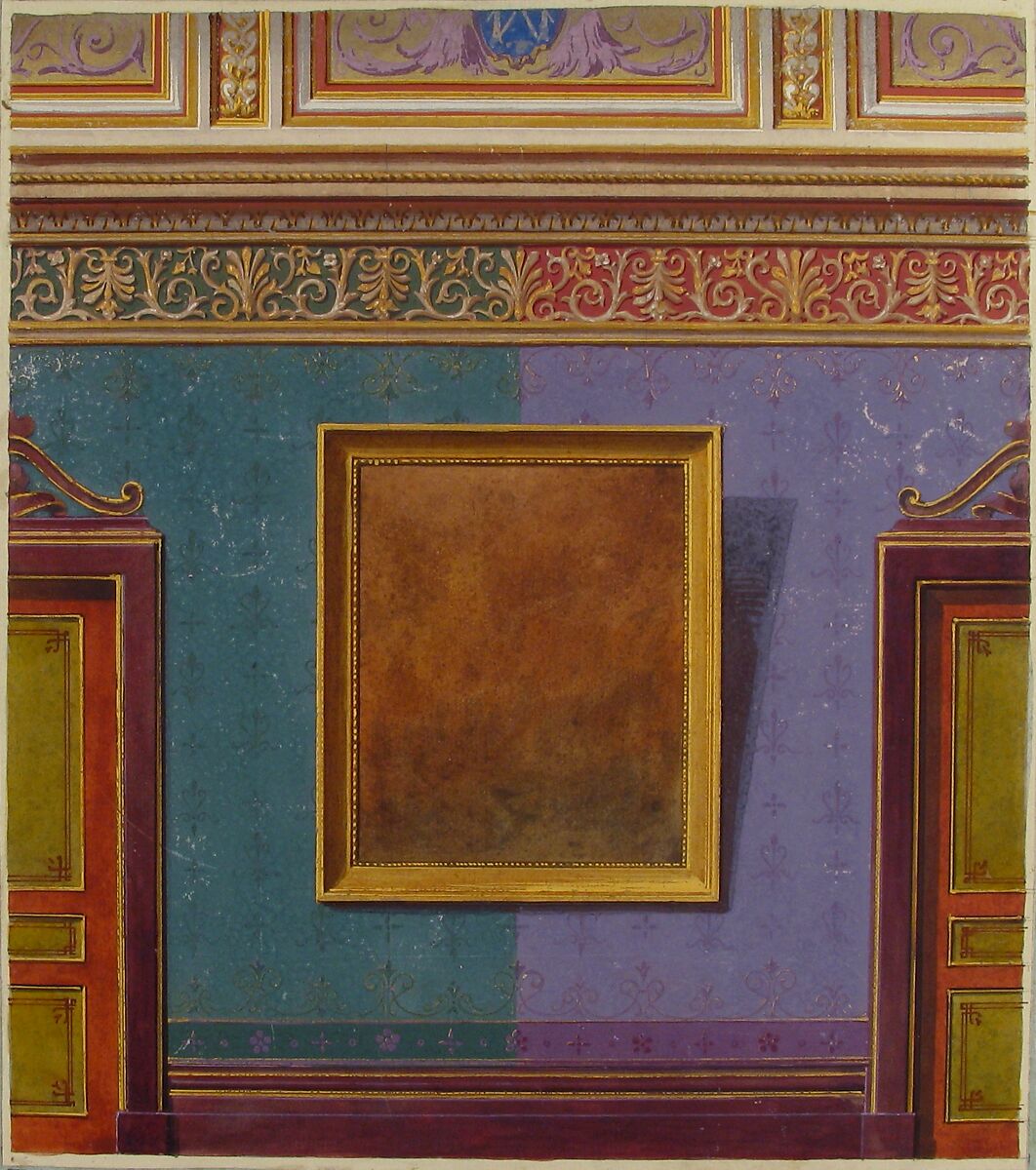 Design for Elevation of the Duchess of Newcastle's Bedroom, Hôtel Hope, Jules-Edmond-Charles Lachaise (French, died 1897), Gouache, watercolor, and gilt