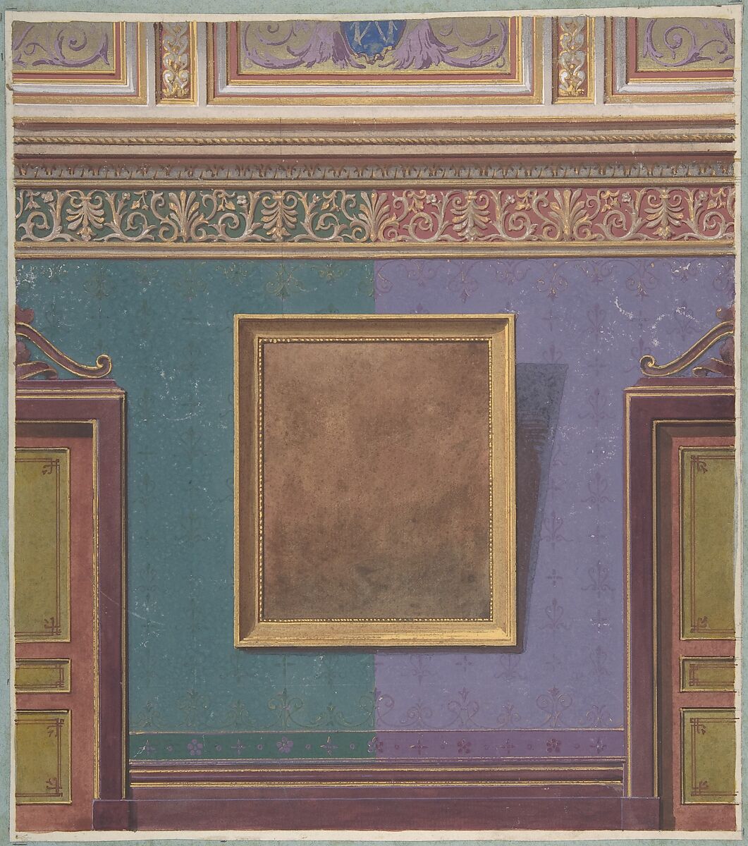 Design for Elevation of the Duchess of Newcastle's Bedroom, Hôtel Hope, Jules-Edmond-Charles Lachaise (French, died 1897), Gouache, watercolor, and gilt 