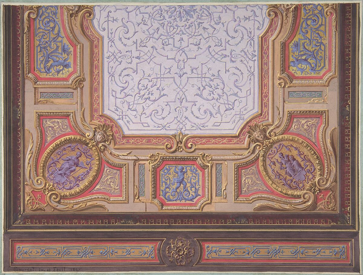 Design for Ceiling of Grand Salon, Hôtel Hope, Jules-Edmond-Charles Lachaise (French, died 1897), Pen and black ink, and gouache 