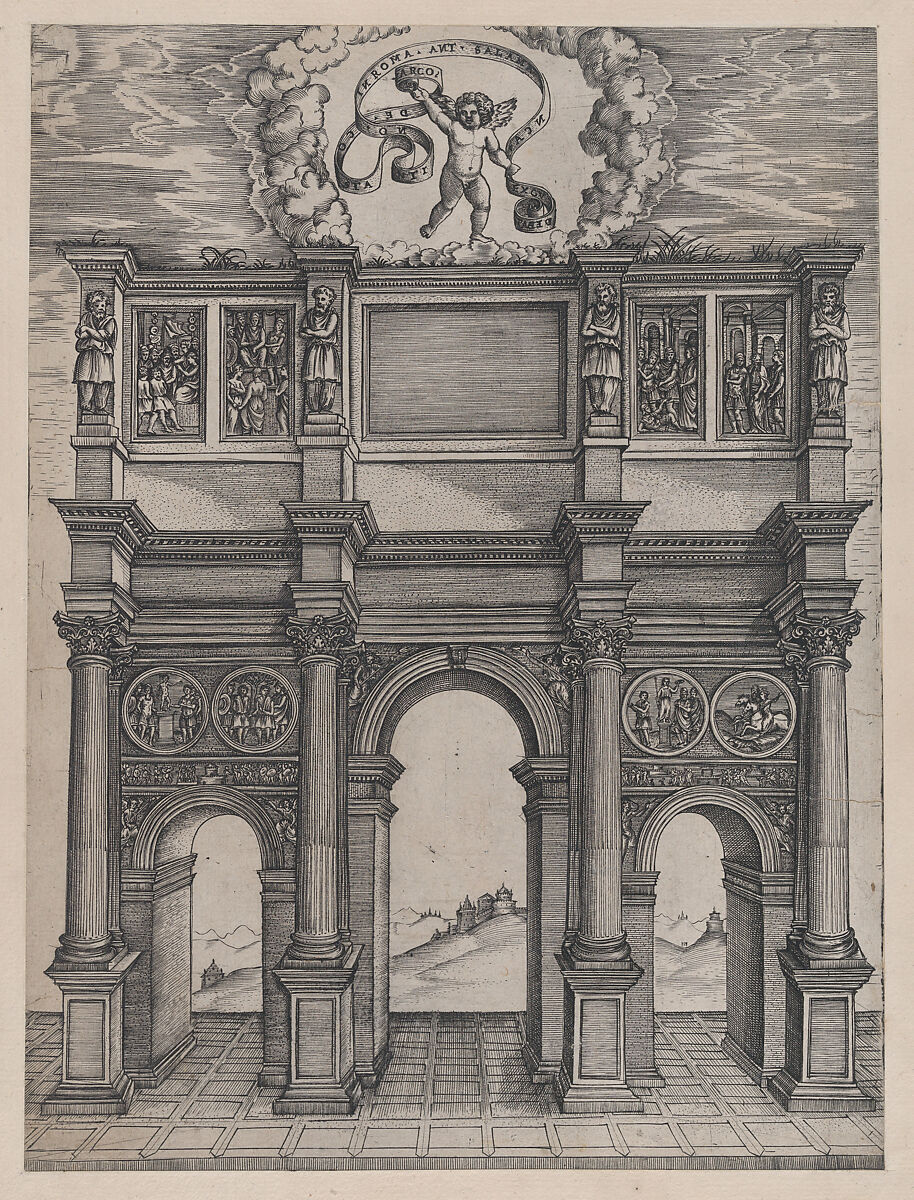 The Arch of Constantine, Rome, from "Speculum Romanae Magnificentiae", Attributed to Agostino Veneziano (Agostino dei Musi) (Italian, Venice ca. 1490–after 1536 Rome), Engraving 