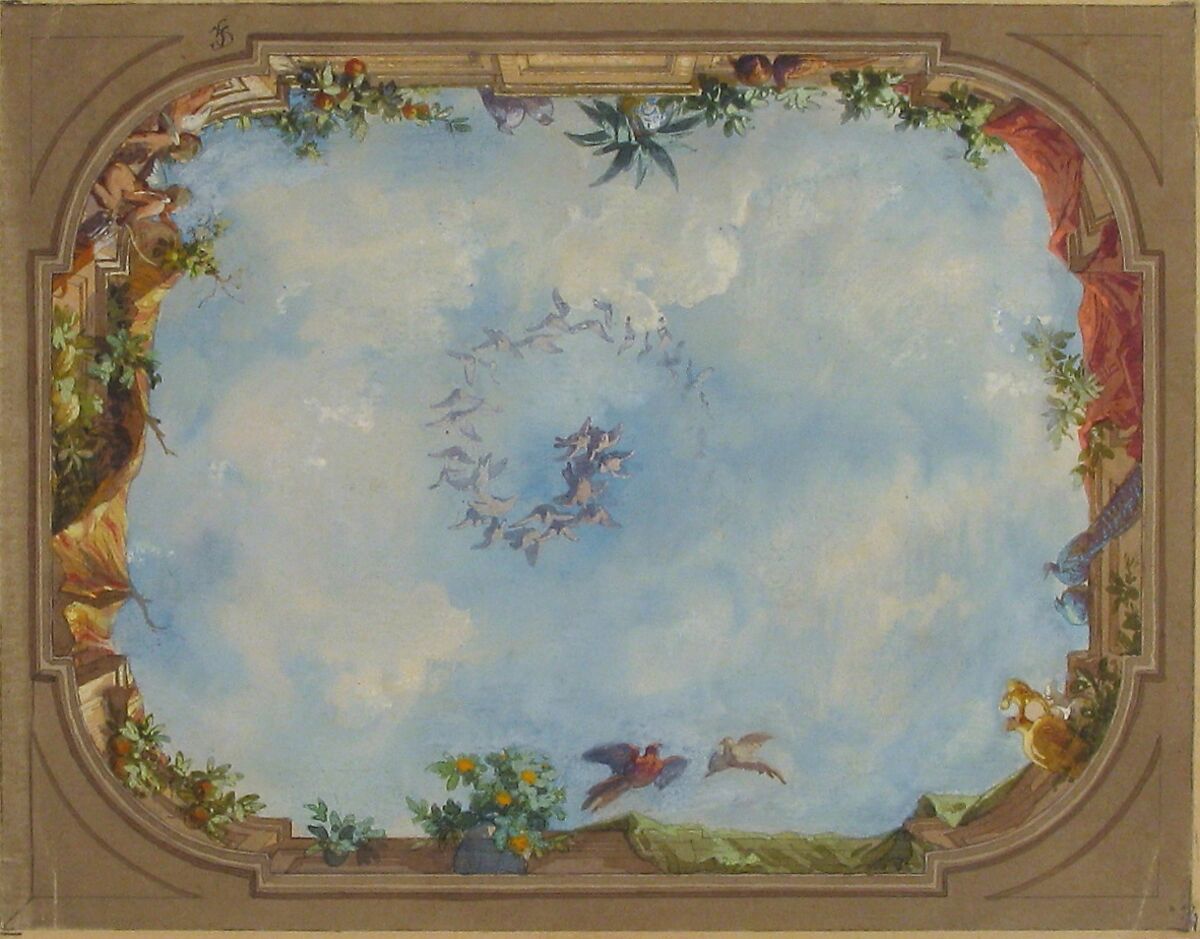 Design for Trompe l'Oeil Stairway Ceiling, Hôtel Hope, Jules-Edmond-Charles Lachaise (French, died 1897), Pen and brown ink