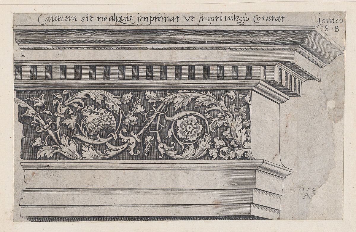 Ionic Entablature, from "Speculum Romanae Magnificentiae", Agostino Veneziano (Agostino dei Musi) (Italian, Venice ca. 1490–after 1536 Rome), Engraving 