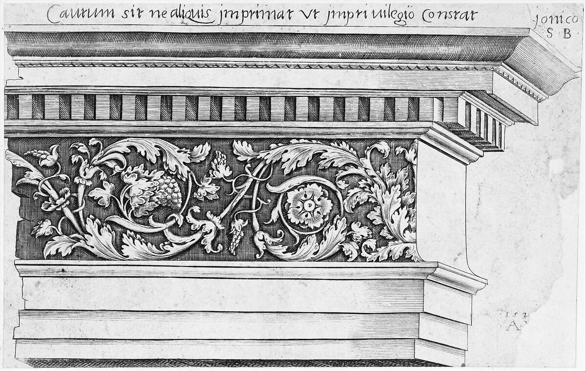 Ionic Entablature, from "Speculum Romanae Magnificentiae", Agostino Veneziano (Agostino dei Musi) (Italian, Venice ca. 1490–after 1536 Rome), Engraving