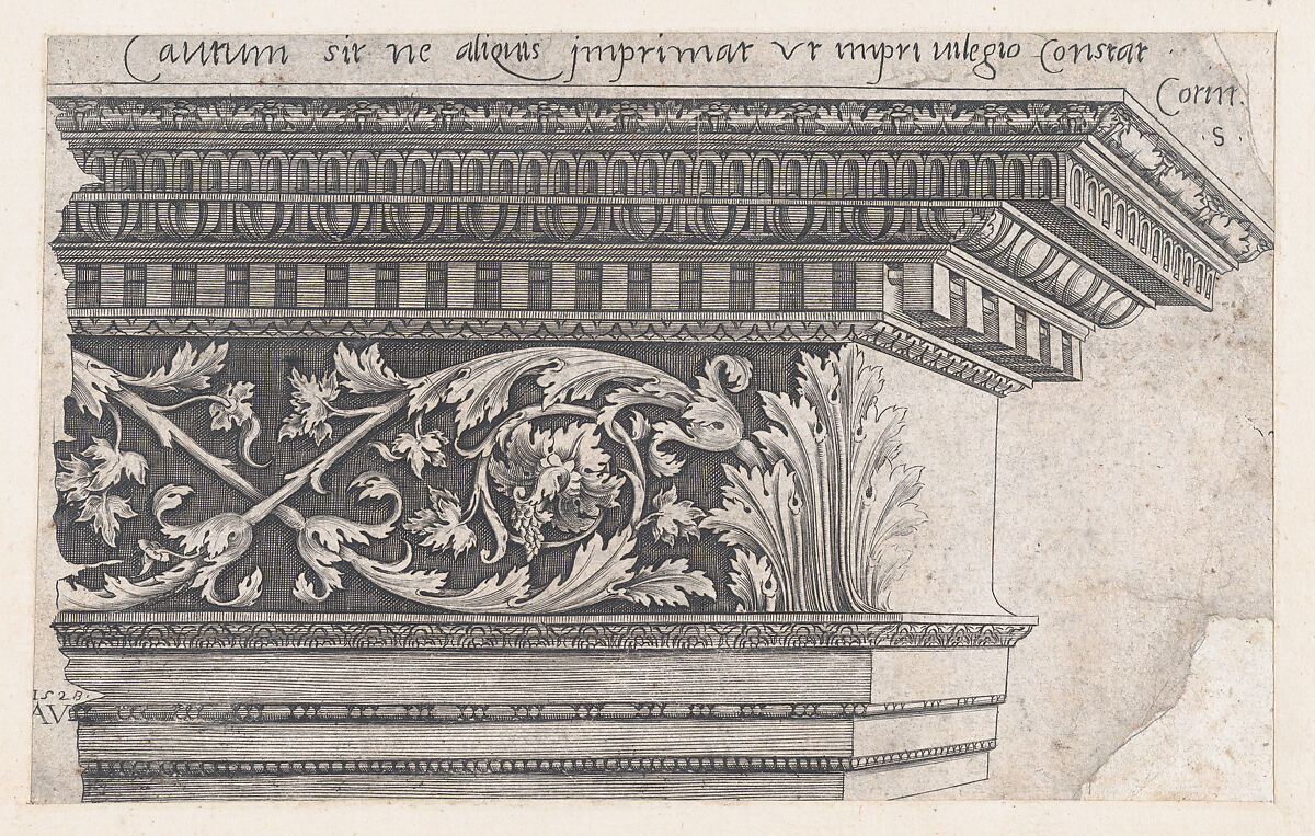 Corinthian Entablature, from "Speculum Romanae Magnificentiae", Agostino Veneziano (Agostino dei Musi) (Italian, Venice ca. 1490–after 1536 Rome), Engraving 