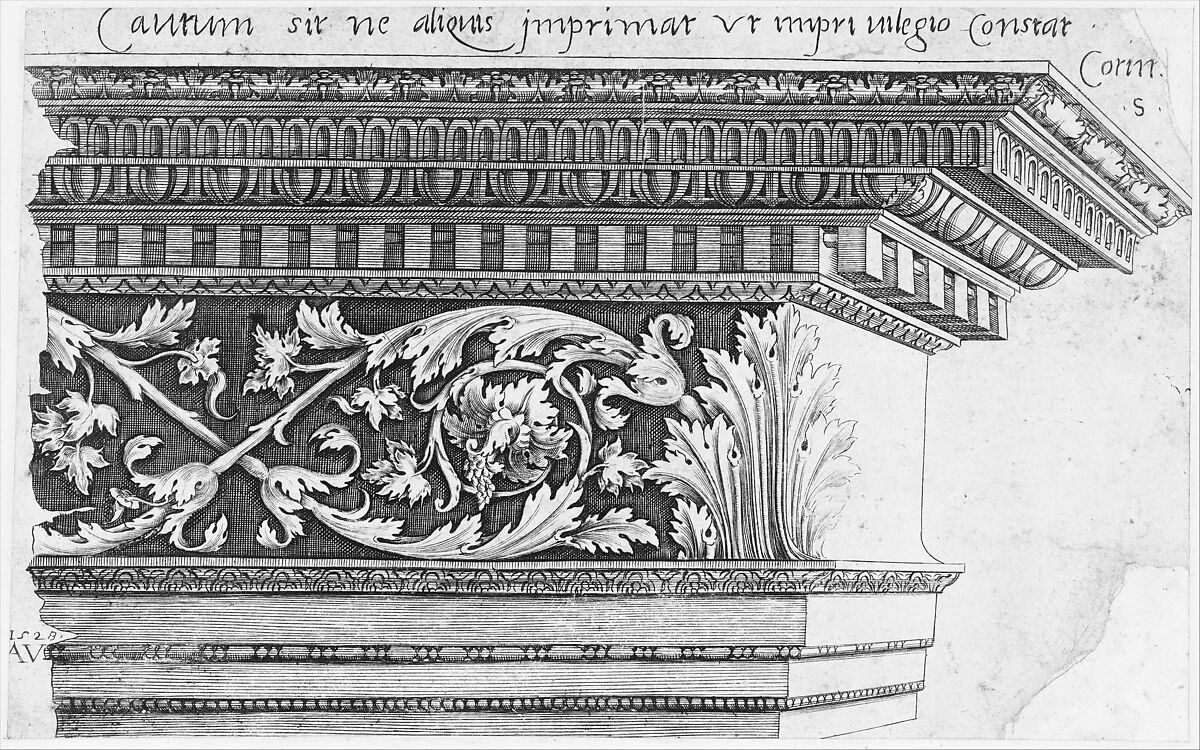 Corinthian Entablature, from "Speculum Romanae Magnificentiae", Agostino Veneziano (Agostino dei Musi) (Italian, Venice ca. 1490–after 1536 Rome), Engraving