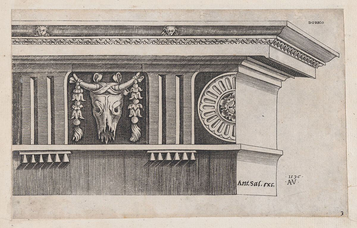 Doric Entablature, from "Speculum Romanae Magnificentiae", Agostino Veneziano (Agostino dei Musi) (Italian, Venice ca. 1490–after 1536 Rome), Engraving 