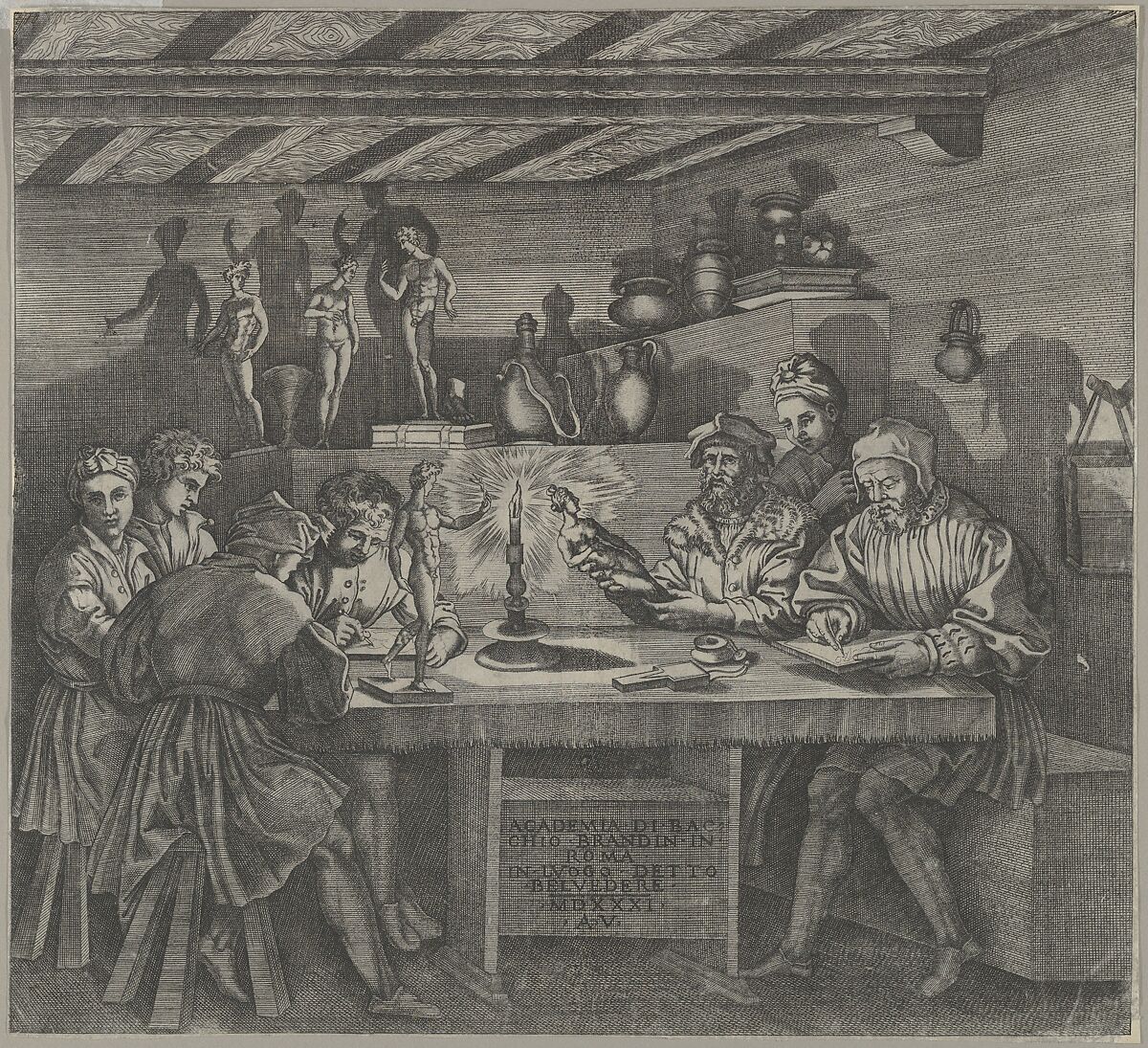 Baccio Bandinelli in his studio holding a statuette of Venus, students sketching from a model by candlelight, Agostino Veneziano (Agostino dei Musi) (Italian, Venice ca. 1490–after 1536 Rome), Engraving 