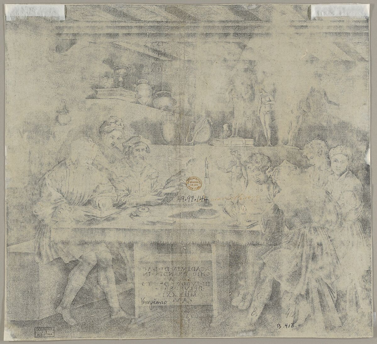Baccio Bandinelli in his studio holding a statuette of Venus, students sketching from a model by candlelight, Agostino Veneziano (Agostino dei Musi) (Italian, Venice ca. 1490–after 1536 Rome), Engraving