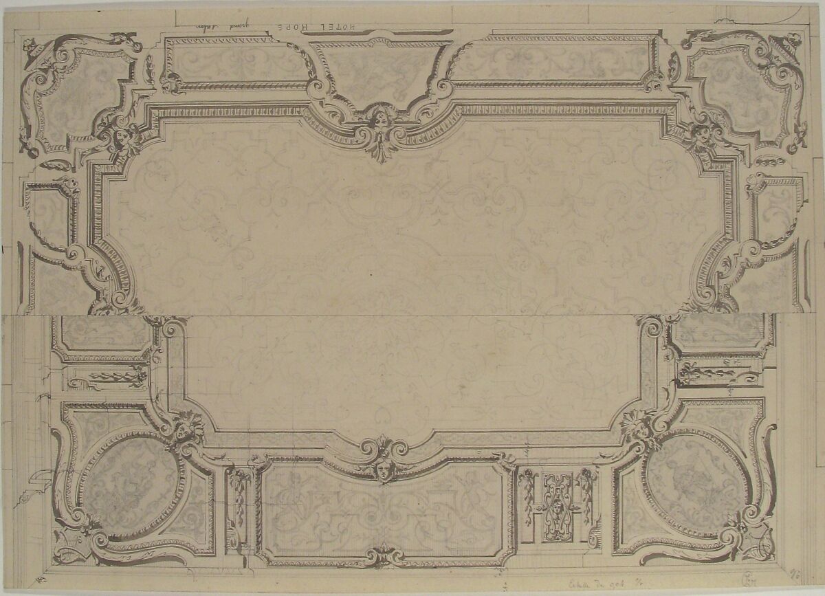 Design for Grand Salon Ceiling, Hôtel Hope, Jules-Edmond-Charles Lachaise (French, died 1897), Pen and black ink, brush and black wash, and graphite