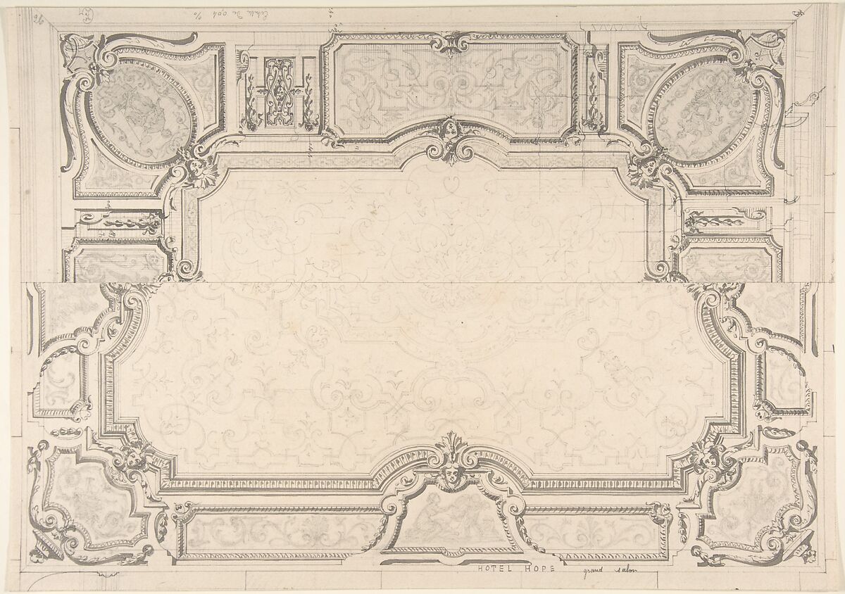 Design for Grand Salon Ceiling, Hôtel Hope, Jules-Edmond-Charles Lachaise (French, died 1897), Pen and black ink, brush and black wash, and graphite 