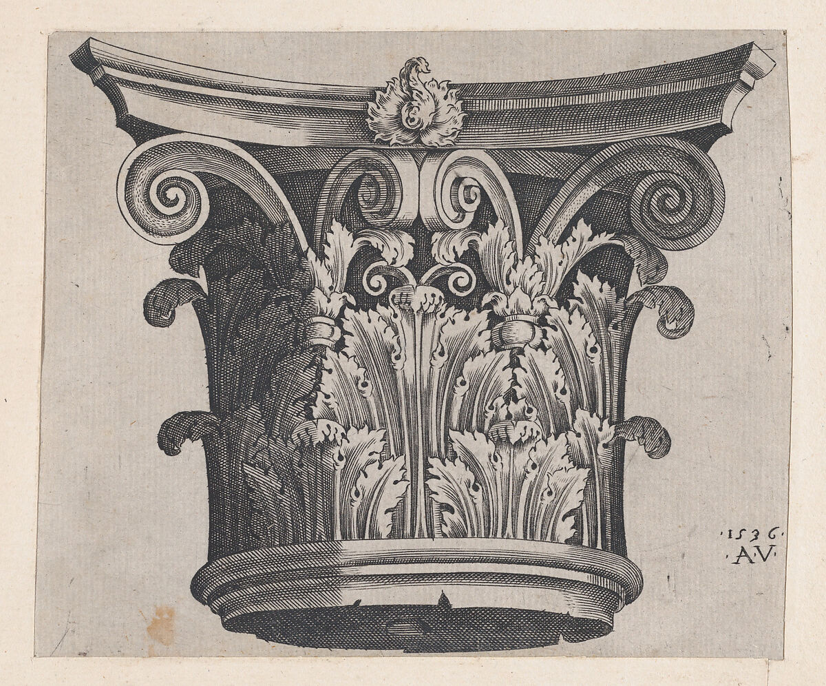 Corinthian capital, from "Speculum Romanae Magnificentiae", Agostino Veneziano (Agostino dei Musi) (Italian, Venice ca. 1490–after 1536 Rome), Engraving 