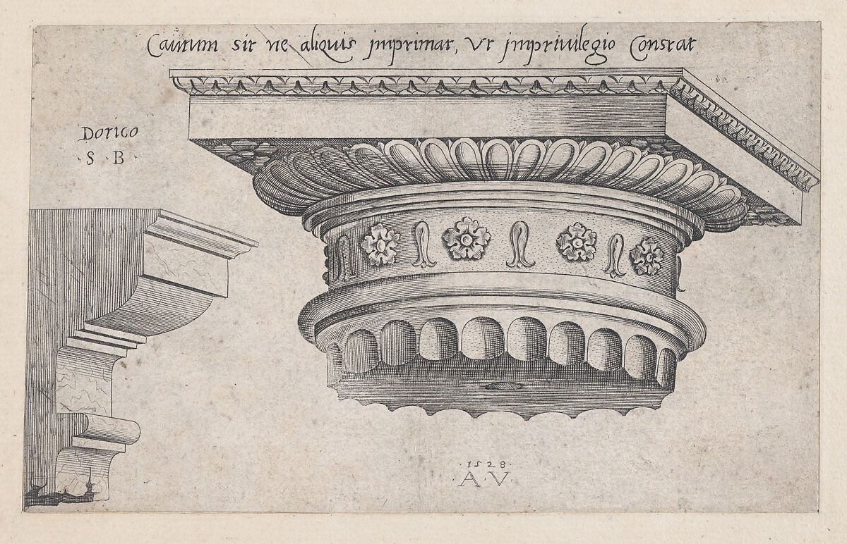 Doric capital, from "Speculum Romanae Magnificentiae", Agostino Veneziano (Agostino dei Musi) (Italian, Venice ca. 1490–after 1536 Rome), Engraving 