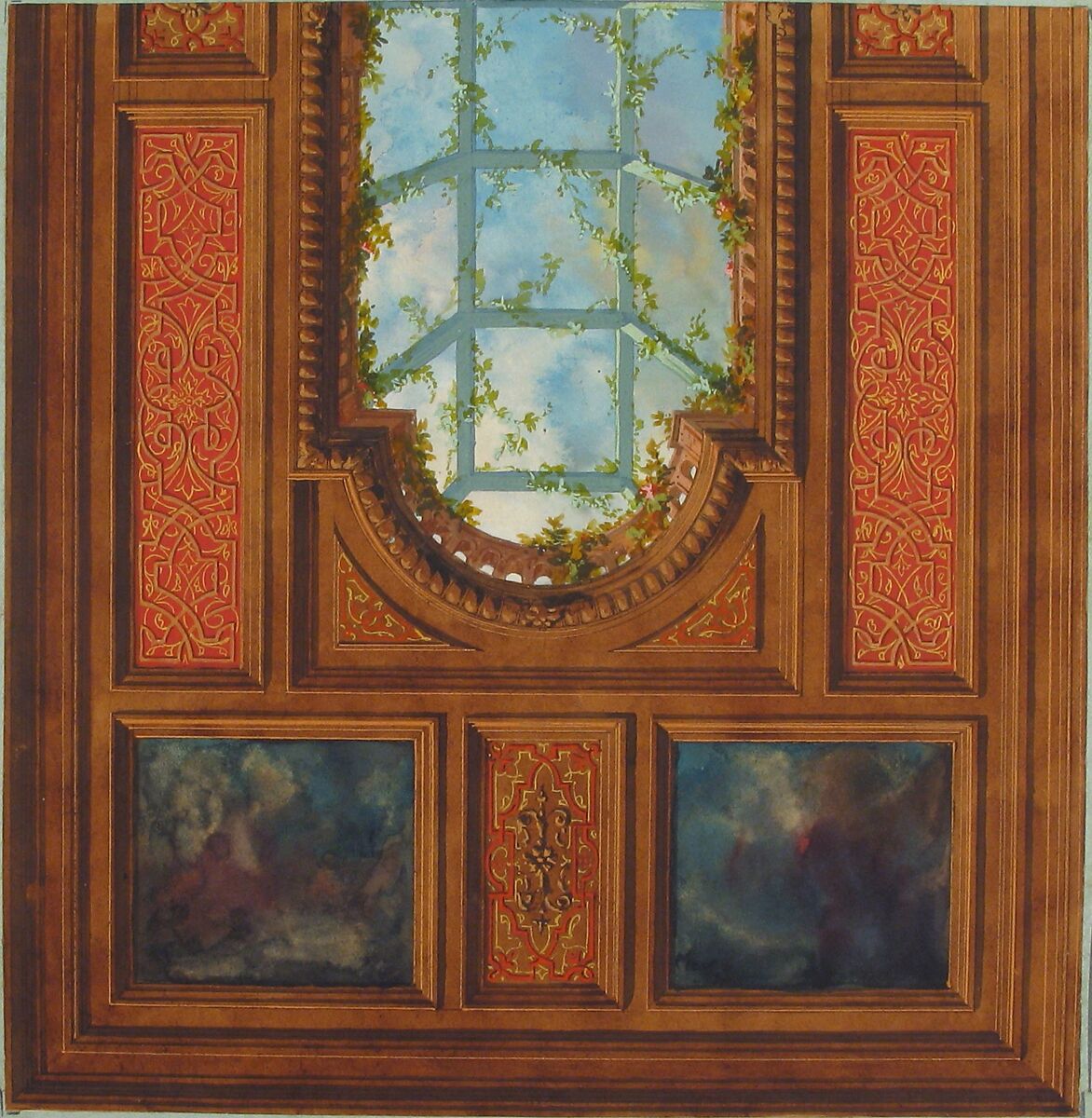 Design for Coffered Ceiling, Jules-Edmond-Charles Lachaise (French, died 1897), Pen and brown ink, watercolor, gouache, and gilt