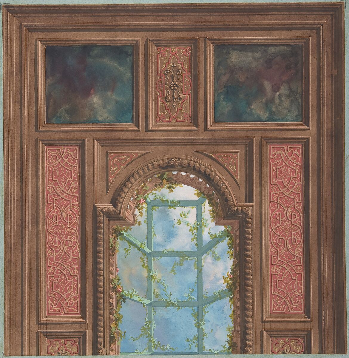 Design for Coffered Ceiling, Jules-Edmond-Charles Lachaise (French, died 1897), Pen and brown ink, watercolor, gouache, and gilt 