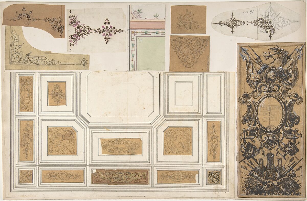 Nine Miscellaneous Designs for the de la Rochejaqulein Family, Jules-Edmond-Charles Lachaise (French, died 1897), Graphite, pen and black and brown ink, watercolor 
