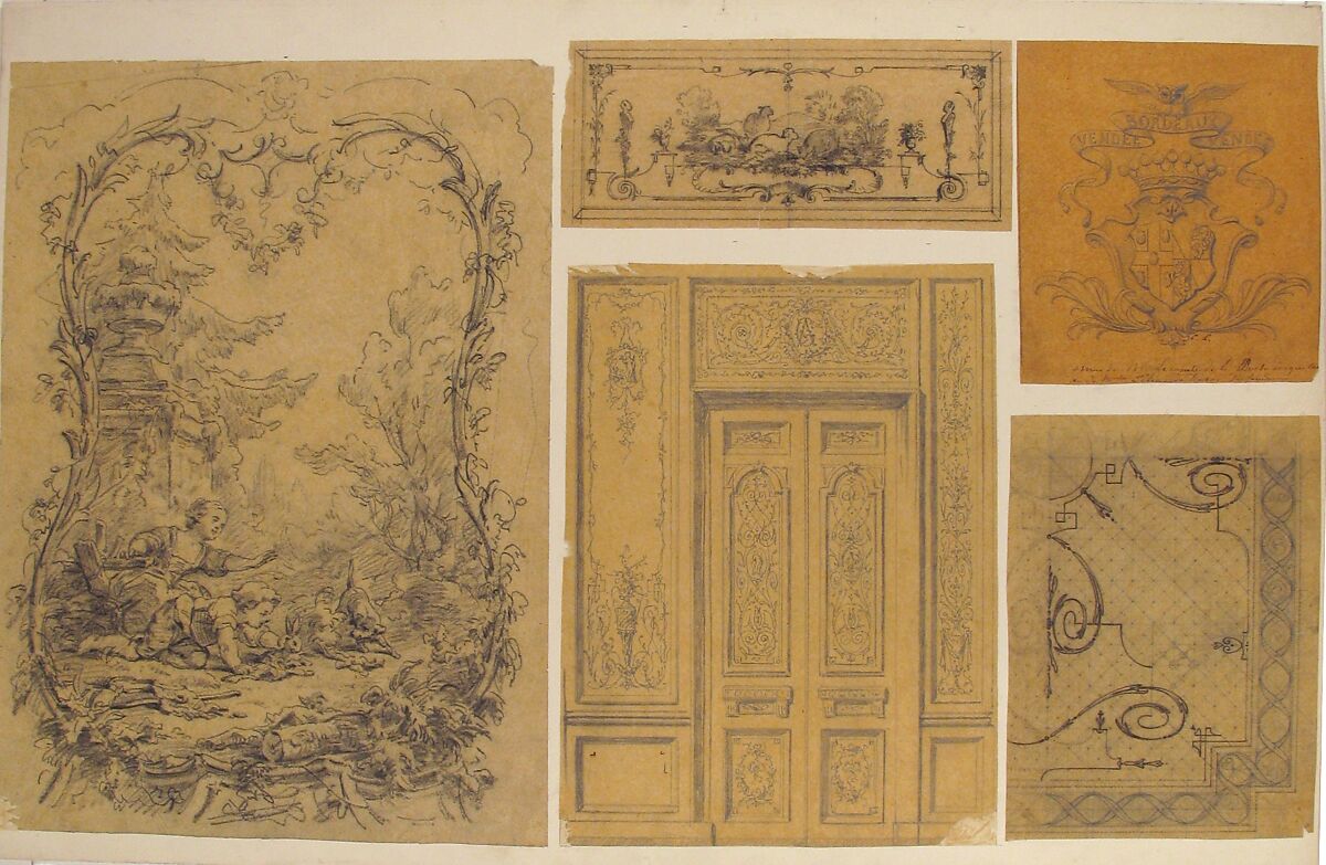 Five Miscellaneous Designs for the de la Rochejaquelein Family, Eugène-Pierre Gourdet (French, Paris 1820–1889), Graphite and black chalk